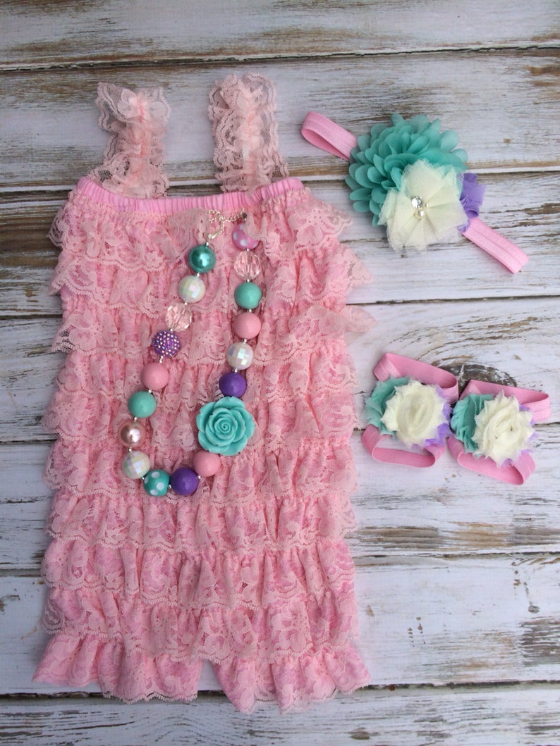 Baby Pink and Pastel Lace Romper 4 pc Set Cake Smash First Etsy
