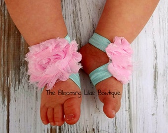 Aqua and Pink Baby Barefoot Sandals - Toddler Sandals - Baby Girl - Newborn Clothing - Baby Clothing - Summer - Photo Prop