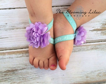 Aqua Glitter and Lavender Satin Mesh Puff Baby Barefoot Sandals - Newborn Baby Barefoot Sandals - Newborn Clothing-Photography Prop-Summer