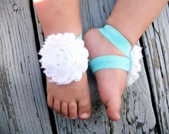 White and Aqua Baby Barefoot Sandals - Newborn Sandals - Baby Shoes - Photography Prop - Baptism Barefoot Sandals - Preemie Sandals