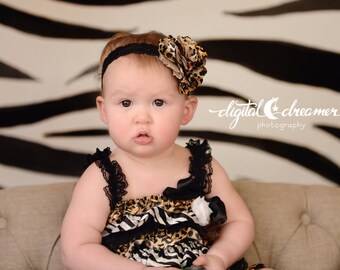 Cheetah Satin Mesh Headband on Black Elastic Newborn Headband - Baby Headband - Photography Prop Animal Print