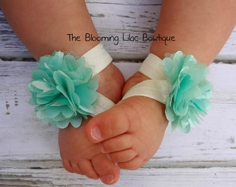 Mint and Ivory Baby Barefoot Sandals - Newborn Baby Barefoot Sandals - Newborn Clothing  - Baby Clothing Photography Prop