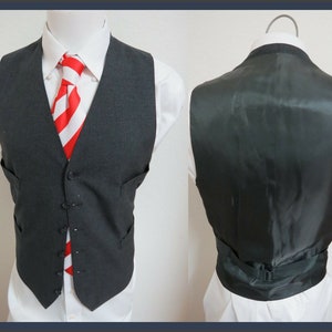 Sz L Charcoal Gray Solid VINTAGE MENS Polyester 90I Suit Vest Waistcoat image 1