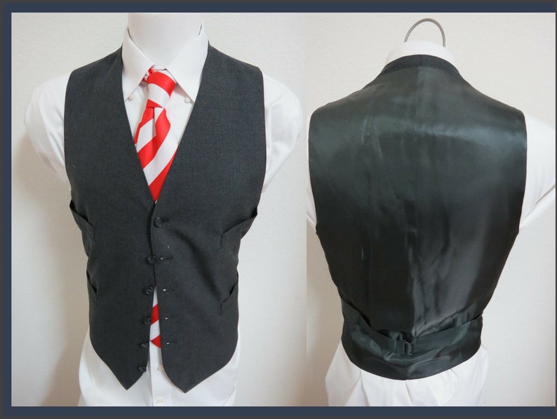 Sz L Charcoal Gray Solid VINTAGE MENS Polyester 90I Suit Vest Waistcoat image 1