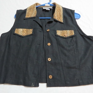 Sz M Black Cheetah Animal Print Linen #204 WOMENS Indie Suit Vest Waistcoat