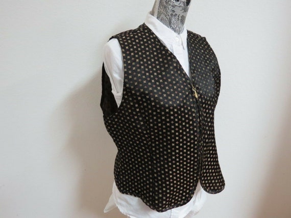 Sz XL Black/Gold Print Zip Up Worthington Vtg Womens Polyester #51X Suit Vest