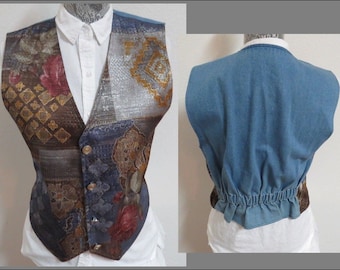 Sz 6 Metallic Floral Print Denim Back Vintage WOMENS Polyester #34W Suit Vest