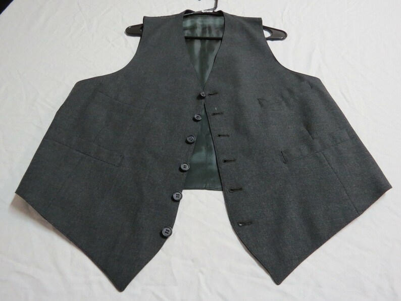 Sz L Charcoal Gray Solid VINTAGE MENS Polyester 90I Suit Vest Waistcoat image 2