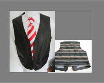 Sz M Black Leather Zip Up Wool Striped Back #12L Mens Boho Suit Vest Waistcoat