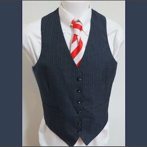 Sz L azul marinho/vermelho/branco listrado vintage masculino poliéster #643 colete de terno