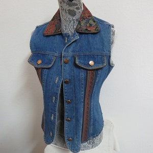 Sz S Blue Jean Boho Print Womens Vintage Denim #49F Jacket Vest