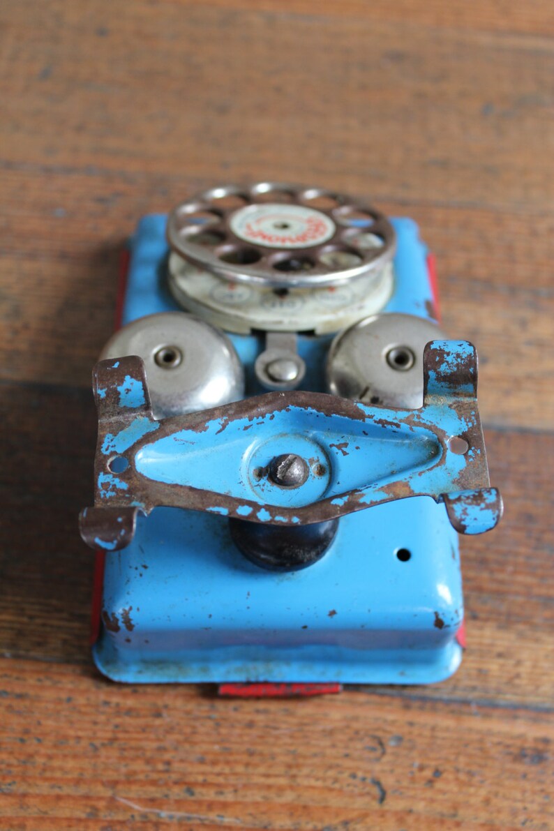 Vintage Blue and Red Toy Phone speedphone the Gong Bell Mfg. Co. Etsy
