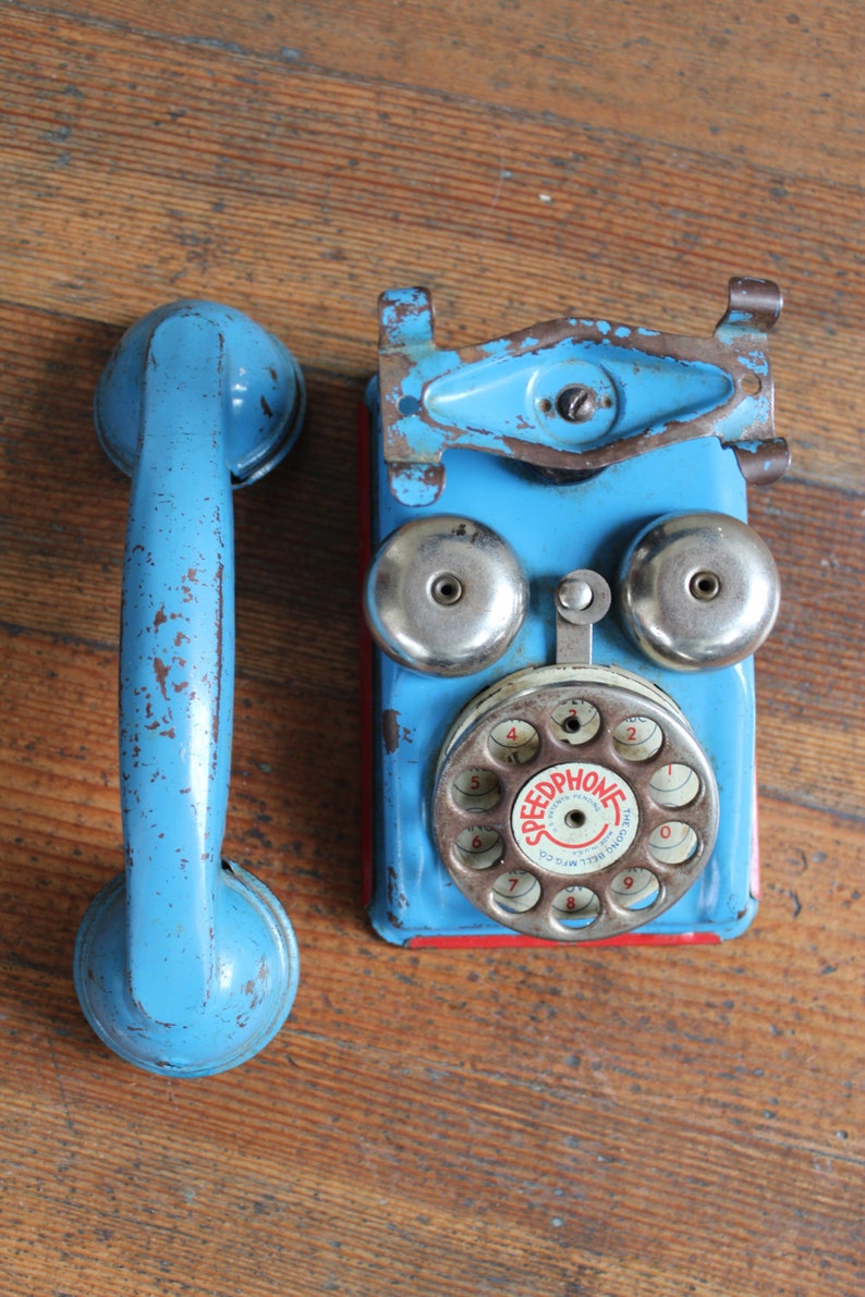 Vintage Blue and Red Toy Phone speedphone the Gong Bell Mfg. Co. Etsy