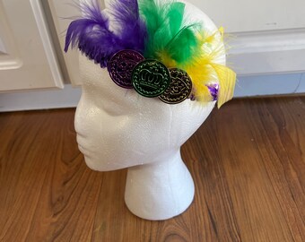 Mardi Gras doubloon feather headband
