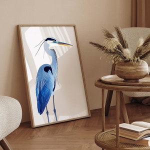Great Heron Bird - Home Wall Decor - Minimalist Print - Nature Decor in Blue and White