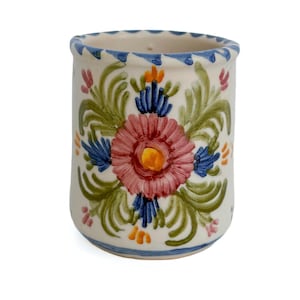 Vintage Talavera Spain Signed Ceramic 3” Cup, Mini Planter Succulent Pot, Hand Painted Spanish Folk Art Pottery Floral Bud Vase