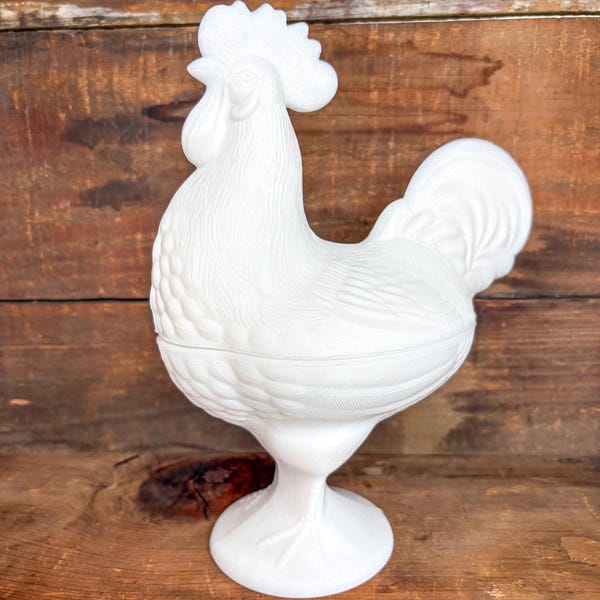 Vintage White Milk Glass Rooster Pedestal Dish | Farmhouse Kitchen Candy Bowl