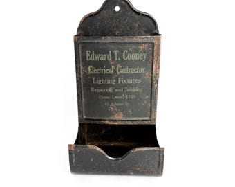 Vintage 1930s Tin Match Holder, East Hartford Connecticut Advertising, Edward T Cooney Electrical Contractor Metal Dispenser, Industrial