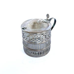Antique Pierced Sterling Silver Mustard Pot with Glass Insert, Victorian Style Openwork Condiment Jar, As-Is Clear Glass Liner Tableware