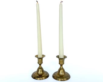 Vintage Brass Candlestick Holders Pair, Mid Century Bell Base Taper Candle Stands, Solid Brass Dinner Table Decor, Hollywood Regency Mantle
