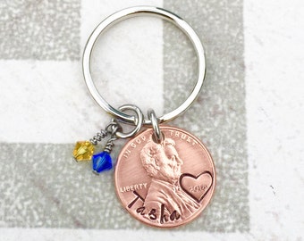 Penny Keychain - Name and Date Penny - Graduation Gift - Memorial Gift - School Colors - Hand Stamped Penny - Personalized Keychain - Custom