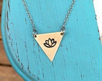 Lotus Flower Necklace - Gold Triangle Necklace - Hand Stamped Necklace - Lotus Flower Gift - Personalized Gift - Namaste Gift - Lotus Flower