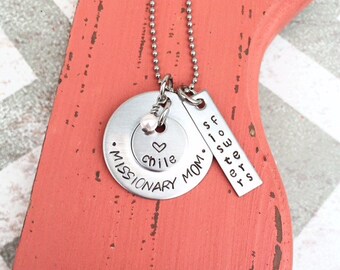 Hand Stamped Missionary Mom Necklace - Stainless Steel, Pearl Accent