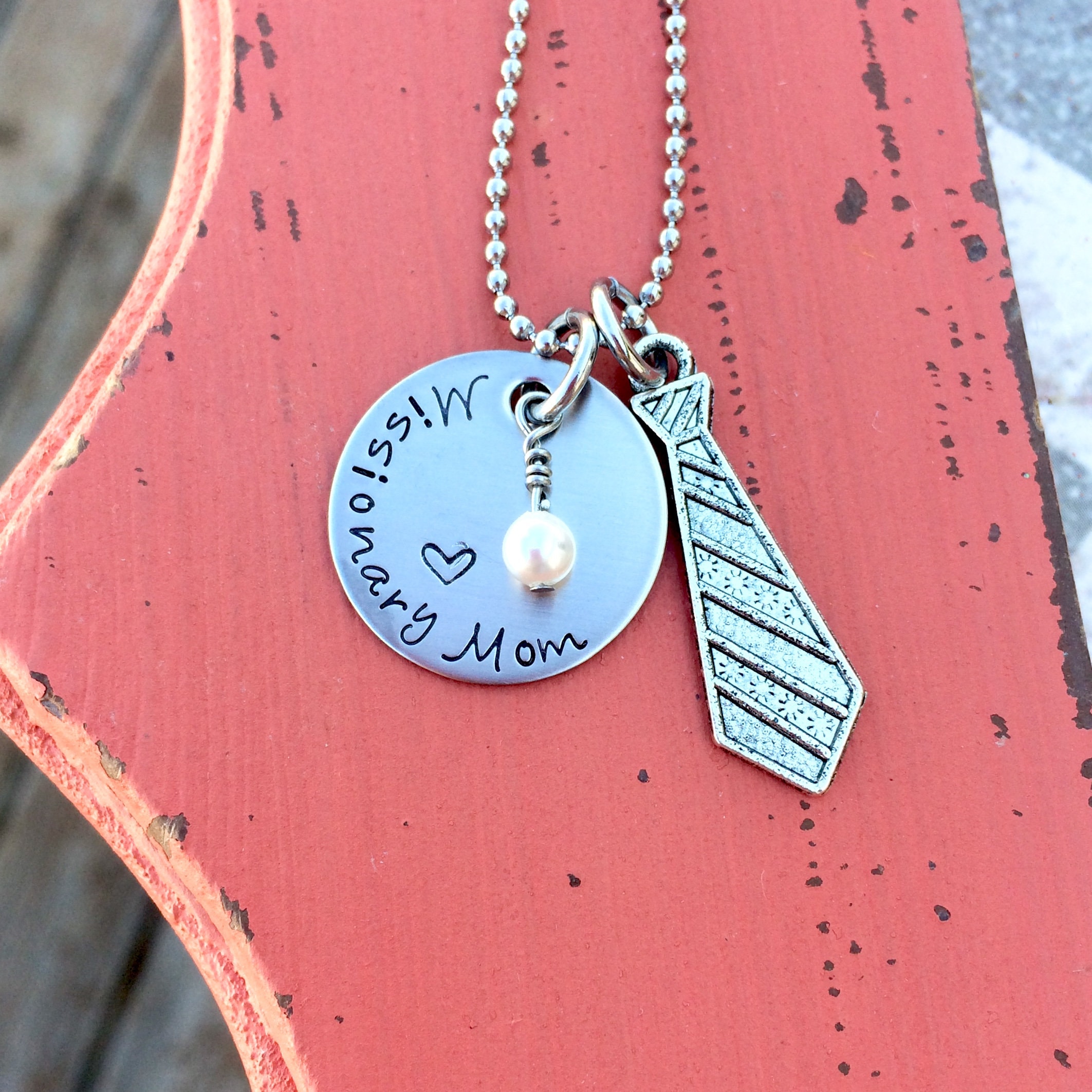 Missionary Mom Necklace - Hand Stamped - Elder - Mother's Day - Stainless - Pearl Charm - Tie - Proud Mom - Gift for a Missionary Mom - lds