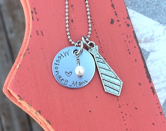 Missionary Mom Necklace - Hand Stamped - Elder - Mother's Day - Stainless - Pearl Charm - Tie - Proud Mom - Gift for a Missionary Mom - lds