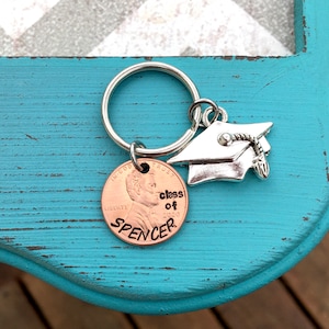 Penny keychain - Personalized Graduation Gift - Memorial Gift - Cap and Gown - Graduation Gift - Hand Stamped Penny - Personalized Keychain