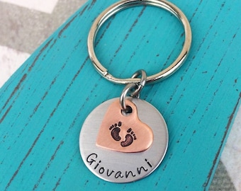 Custom Baby Name Keychain - Hand Stamped Keychain - Heart - Baby Footprints - Mom Keychains - Baby Shower Gift - Necklace - Baby Gift