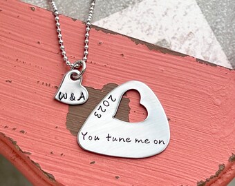 Personalized Guitar Pick Necklace Set – Hand Stamped Couple Gift, Music Lover Anniversary or Valentine’s Gift