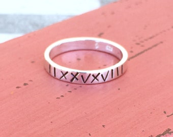 Hand stamped Roman Numerals Ring - Personalized Ring - Customized Ring - Mothers Ring - Sterling Silver Ring - Cute Rings - Stackable rings
