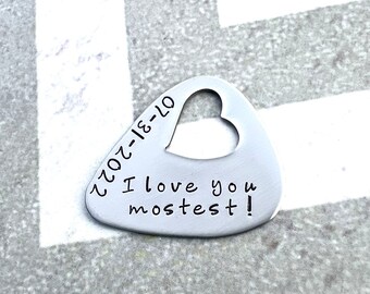 Guitar Pick Hand with heart cutout - Christmas - Husband- Gift for Guitar Player - Gift for Music Lover - Thoughtful - Wife - Hand Stamped