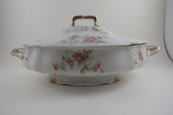 Vintage Haviland Limoges France Schleiger Pink Roses Pattern Covered Oval Vegetable Bowl