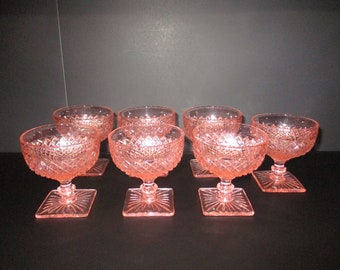 Set of Seven 1930's Miss America Pink Depression Original Hocking Sherbet Sawtooth Pattern Excellent Condition Free Shipping