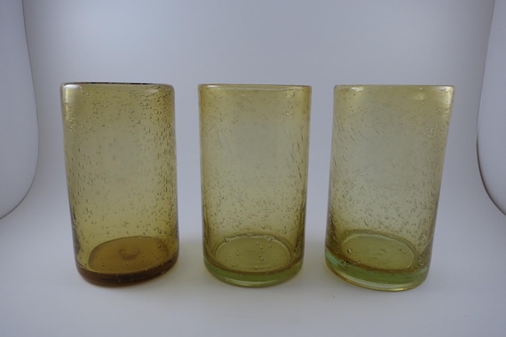 Three Hand Blown Yellow Drinking Glasses 5 3/4 Tall
