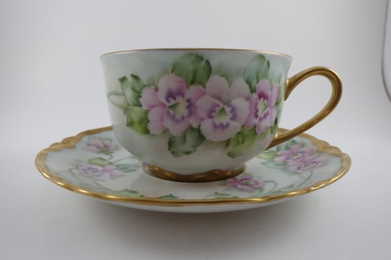 Vintage TIRSCHENREUTH Bavaria Germany Purple Floral Cup and Saucer Set Dated 1969