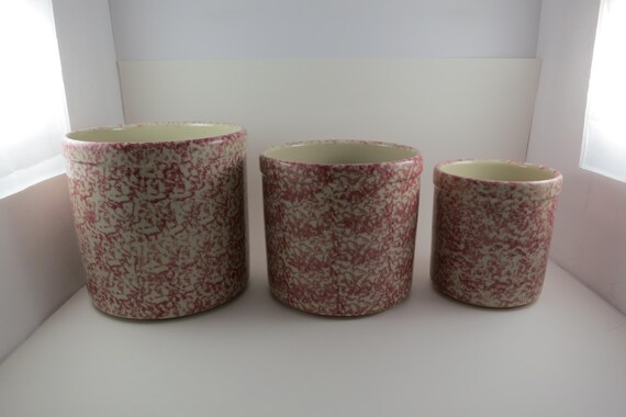 Vintage Henn Pottery Roseville Ohio Red Spongeware Crock Canister Nesting Set Excellent Condition 3 Piece Set