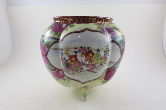 Stunning Tri Foot Porcelain Asian Jar Vase Hand Painted Gold Accents Pink Floral Very Detailed