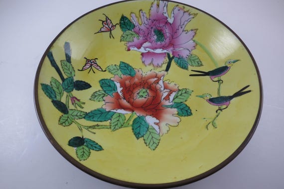 Vintage Porcelain Asian Copper Back Wall Plate Stamped Birds and Flowers with Hanger
