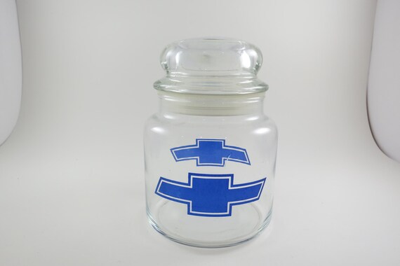 Vintage Clear Glass Candy Whatnot Jar with Blue Chevy Bowtie Emblem