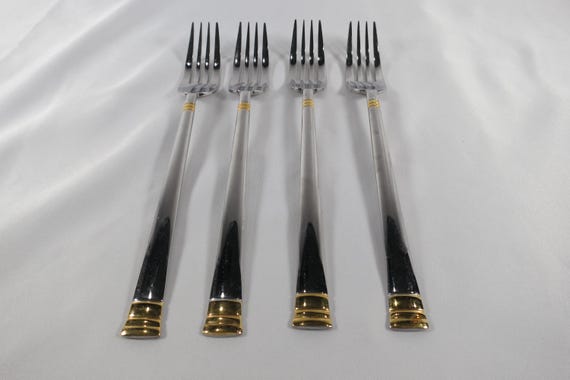Oneida Golden Astragal Flatware 18/10 Stainless 24K Bands Set of 4 Salad Forks
