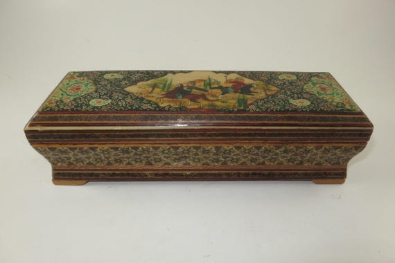 Indo Persian Inlaid Trinket Box Hand Painted Hunting Scene Polo Match
