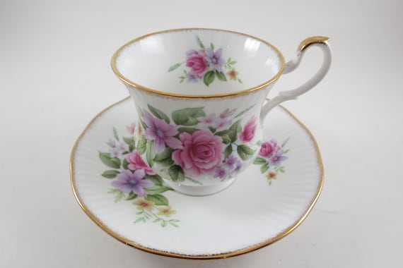 Vintage Royal Minister Fine Bone China Cup and Saucer Set Pink Roses Purple Floral Pristine Condition