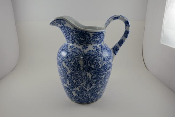 Vintage Blue and White Pier One 8 1/2 Inch Tall Pottery Pitcher Excellent Condition