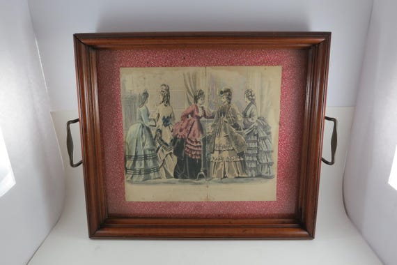 Antique 1872 Original Victorian Art Plate Made Into A Tray or Wall Hanging Cherry Wood 15x13 Very Nice Condition