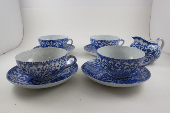 Set of Four Vintage Japanese Porcelain Cup and Saucer Sets Bonus Creamer Blue