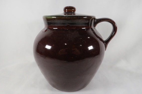 Vintage Glazed Stoneware Bean Crock Pot with Lid Green Inside
