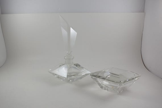 Vintage German Crystal Clear Cut Perfume Bottle with Lid and 2 Piece Powder Dish